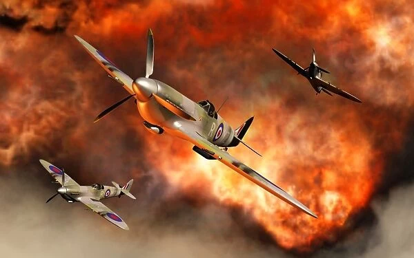 British Supermarine Spitfires bursting through explosive flames