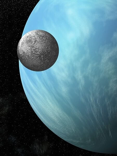 A heavily cratered moon in orbit around a water covered planet