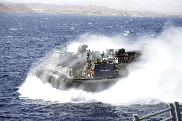 A landing craft air cushion conducts operations in the Gulf of Aqaba