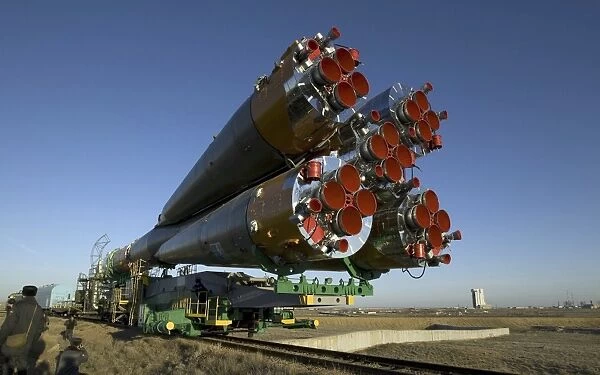 The Soyuz rocket is rolled out to the launch pad at the Baikonur Cosmodrome in Kazakhstan