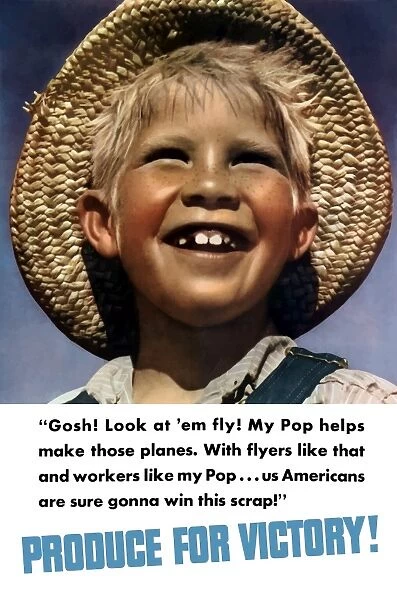 Vintage World War II poster of a smiling little boy in a straw hat