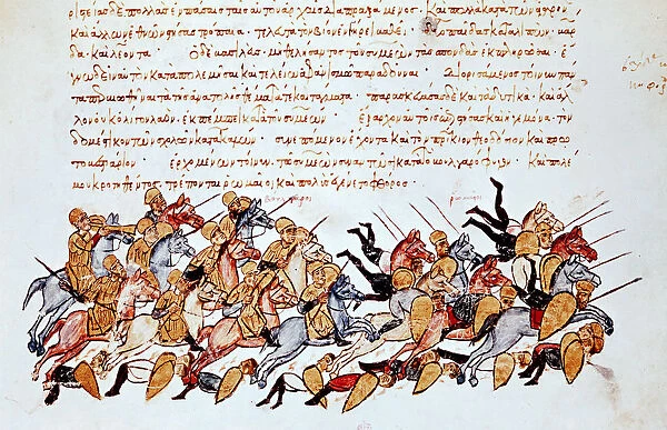 Byzantine cavalrymen overwhelming enemy cavalry and foot soldiers