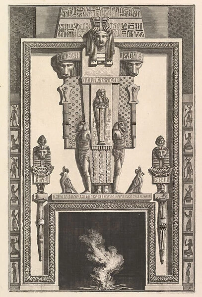 Chimneypiece in the Egyptian style: Mummy superimposed on a large caryatid above the