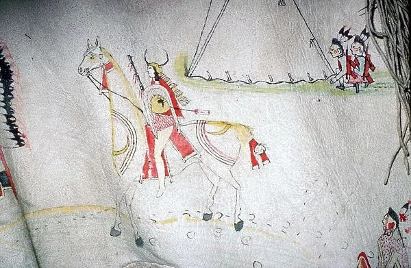North American Indian decorated skin, showing a horse and rider, from the Arapaho tribe