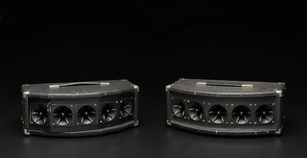Tweeter box speakers used as part of a DJ setup, 1970s. Creator: Unknown