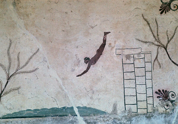 Wall painting from a Greek tomb at Paestum of a swimmer, 8th century