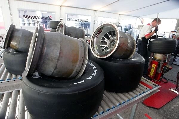 Formula One Testing: Bridgestone slick tyres are ready to be mounted on BBS wheels for Ferrari