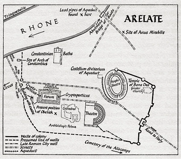 Layout of the ancient Gallo-Roman town Arelate (Arles), showing the Forum, Theatre and Temple of Bona Dea. After an illustration by Edgar Holloway