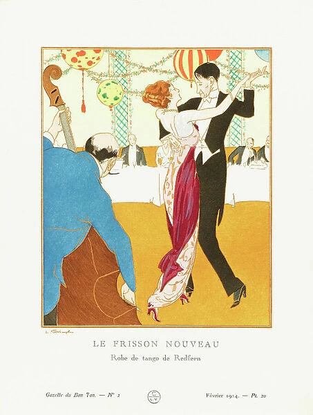 Le Frisson Nouveau. A New Thrill. Robe de tango de Redfern. Tango dress by Redfern. Art-deco fashion illustration by Czech artist Ludvik Strimpl, 1880-1937. The work was created for the Gazette du Bon Ton, a Parisian fashion magazine published between 1912-1915 and 1919-1925