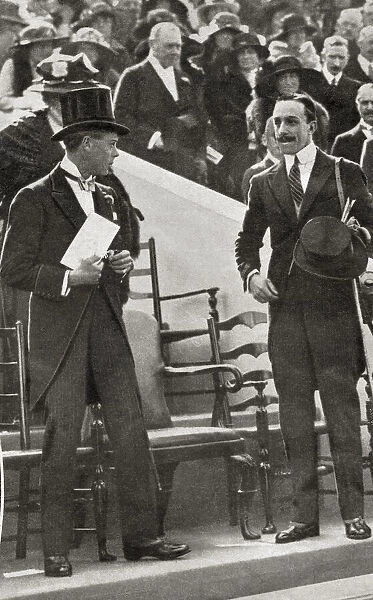 The Prince of Wales, left, and Alfonso XIII, right, at a polo match during a visit of the Spanish king to England. Prince of Wales, future Edward VIII, 1894 - 1972. Alfonso XIII, 1886 - 1941. King of Spain. From La Esfera, published 1921