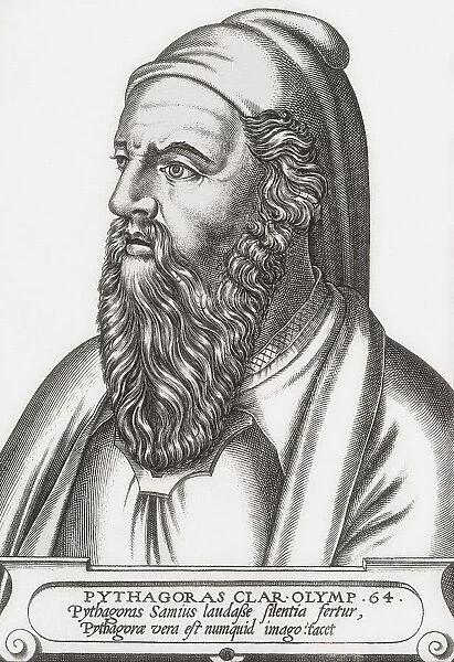 Pythagoras of Samos, c. 570-c. 495 BC. Ionian Greek philosopher, mathematician and founder of the religious movement called Pythagoreanism. Imaginary portrait. After 19th century reproduction of a 16th century work