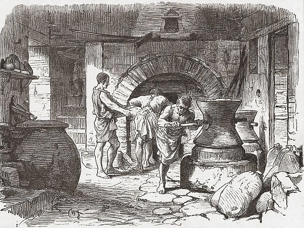 A Roman bakery. The 19th century drawing is based on excavations made in Pompeii, Italy
