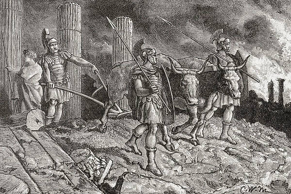 Roman general Scipio Aemilianus running the plough over the site of Carthage with salt after defeating it in the Third Punic War, 146 BC. In ancient times, salting the earth, or sowing with salt, was the ritual of spreading salt in the soil of conquered land by the conquerors, in order to prevent crops from growing again, and so ensuring the conquered never rebuilt. From Cassells Illustrated Universal History, published 1883