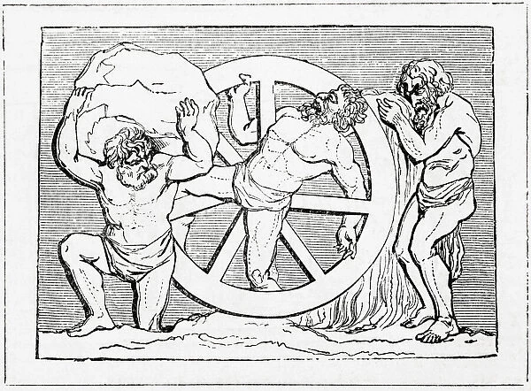 Sisyphus, Ixion and Tantalus. Sisyphus or Sisyphos, founder and king of Ephyra, punished for cheating death twice by being made to roll a huge boulder up a hill only for it to roll down every time it neared the top, repeating this action for eternity. Ixion, king of the Lapiths bound to a winged fiery wheel that was always spinning. Tantalus, aka Atys, Greek mythological figure made to stand in a pool of water beneath a fruit tree with low branches, with the fruit ever eluding his grasp, and the water always receding before he could take a drink. From A Popular History of Greece, published 1887