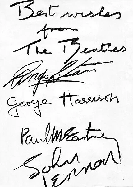 The Beatles - A picture showing the signed autographs of the group - Top to bottom