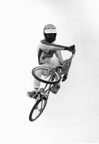 BMX champion Andy Ruffell seen here in mid air. 15th April 1984