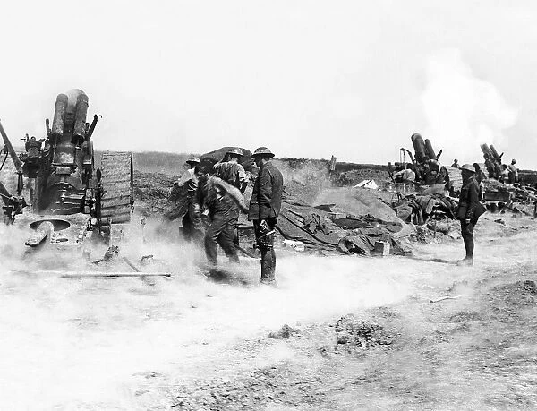 British gun battery opens fire on the enemys front lines during World War One
