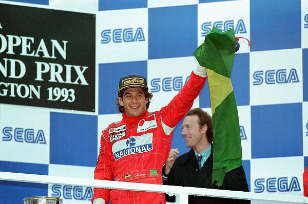 European Grand Prix at Donington 11th April 1993. Ayrton Senna on the podium
