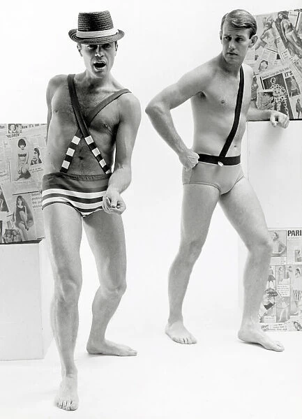 Fashion in the 1960s male models wearing swimming trunks with braces
