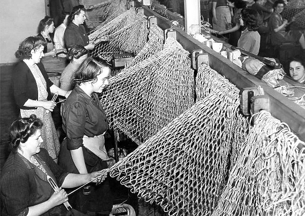 Fishermens nets being knitted on North Shields Quayside in 1949