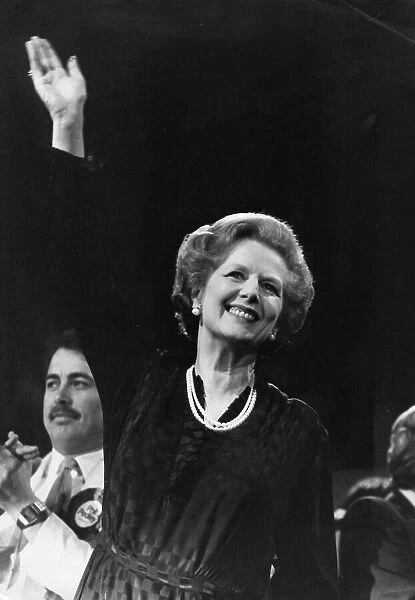 Margaret Thatcher waving after speech during election campaign - June 1983