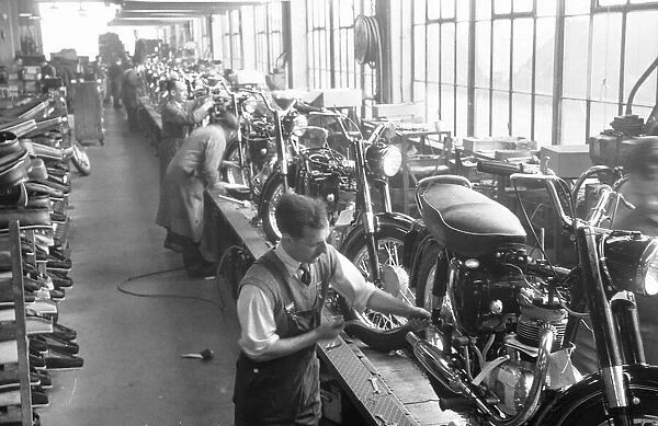 Motorcycle production line at the BSA Factory, Small Heath, Birmingham. Circa 1965