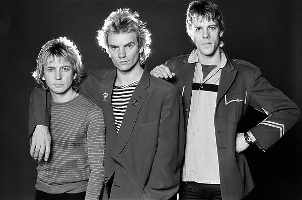 Pop group The police in studio 1980 Sting with Andy Summers and Stewart Copeland