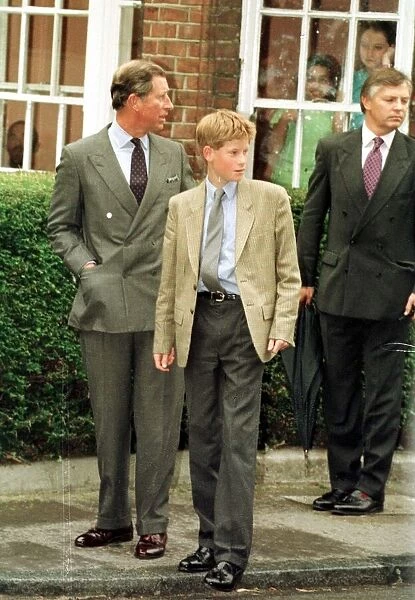 Prince Harry arrives for his first day at Eton school with his father Prince Charles to