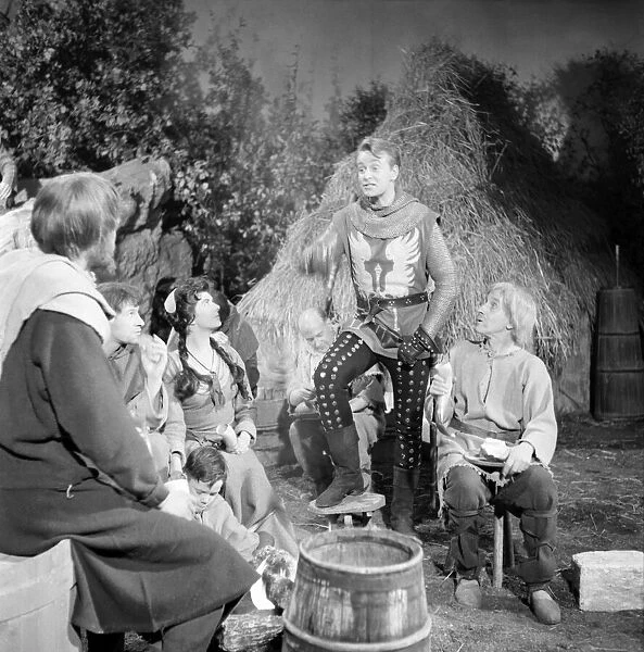 On set with the cast of the television series The Adventures of Sir Lancelot