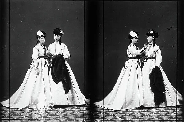 Multiple image portraying two young women in nineteenth century costume