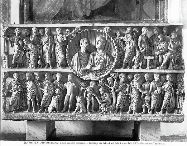 Sarcophagus with the portraits of the dead and stories of the Old and New Testament, marble, Late imperial Roman art, Lateran Museum, Rome. Today in Gregoriano Profano Museum (formerly Lateran Museum), Vatican Museums, Vatican City