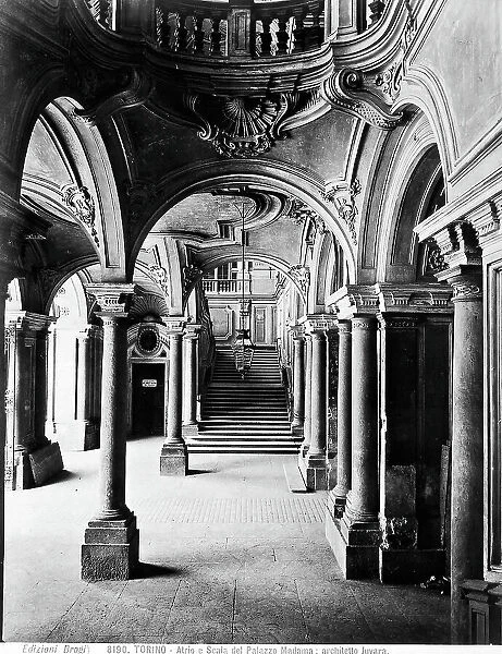 View of the atrium and the large staircase of Palazzo Madama by Filippo Juvarra in Turin