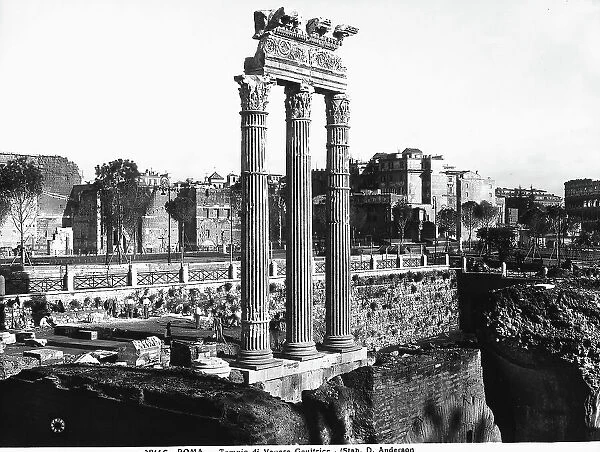 View of the Temple of Venus Genitrix in the Forum of Caesar, showing a trabeated structure with three columns, raised as a result of modern excavations