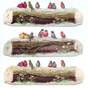 Birds perched on logs on three cutout Christmas cards