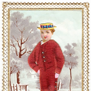 Boy in the snow on a fabric Christmas card
