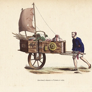 Chinese merchant with hand-drawn wagon with sail