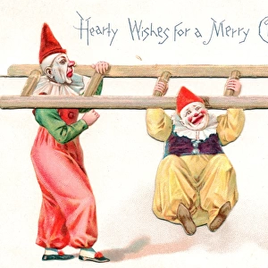 Three clowns with a ladder on a Christmas card