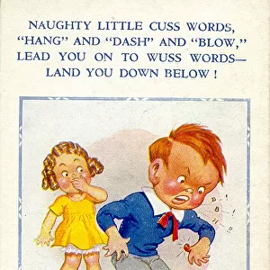Comic postcard, Boy swearing in front of girl Date: 20th century