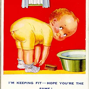 Comic postcard, Little boy keeping fit Date: 20th century