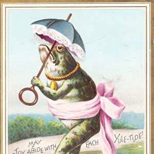 Frog with parasol and pink ribbon on a Christmas card