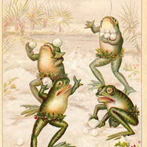 Frogs snowballing on a New Year card