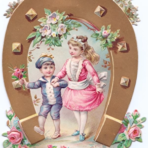 Girl and boy with flowers on a shaped Christmas card