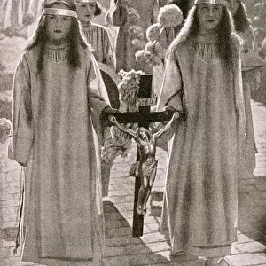 Girls taking part in a religious procession, France