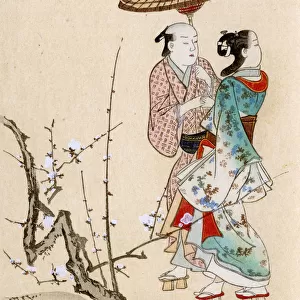 Man and a woman on a country walk by Miyagawa Choshun