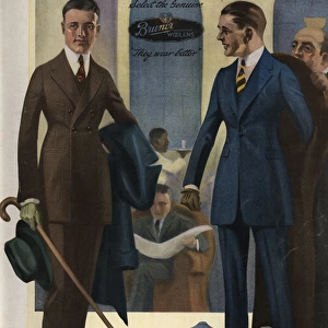 Mens two-button, single-breasted suits in sack, 1920s