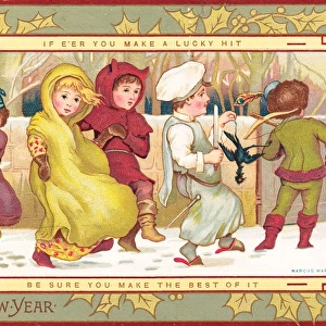People in medieval costume on a New Year card