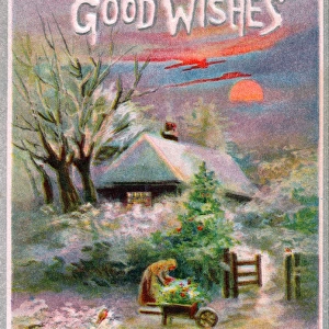 Rural snow scene with cottage on a Good Wishes card