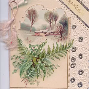 Snow scene and ferns on a remembrance card