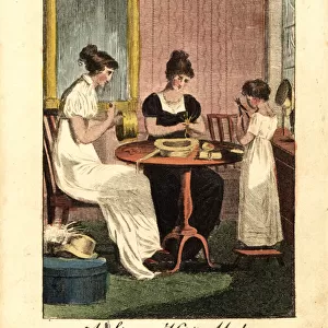 Straw-hat makers, women and girl, sewing hats