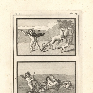 Vignettes of cupids or genii playing at hunting and racing